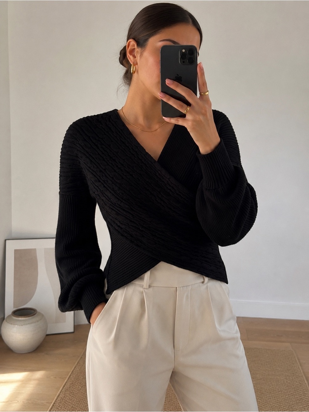 Zara Knit Wrap Sweater Black Textured Balloon Sleeve Small Minimalist Stretchy